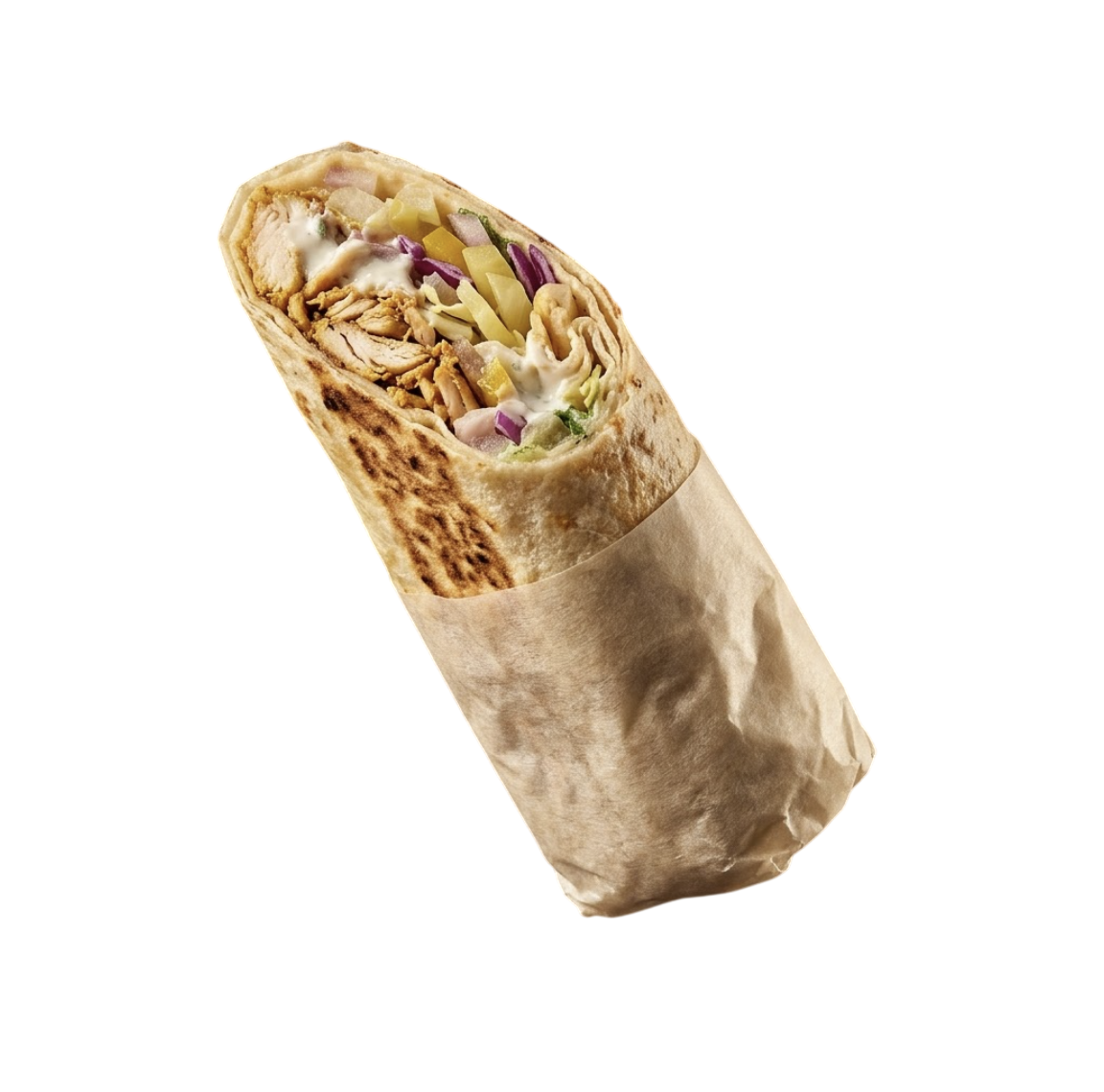 Shawarma wrap — slow-roasted chicken, garlic sauce, house pickles